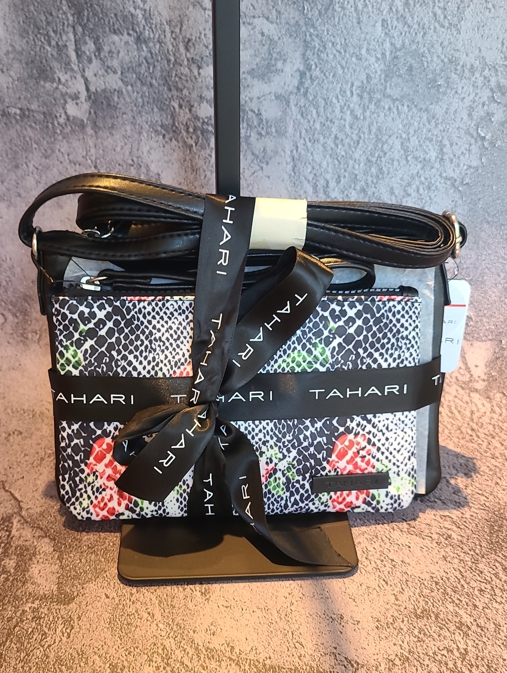 Tahari Black & White Snake-Print Crossbody with Red and Green Floral Accents